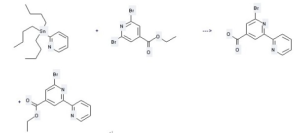 The [2,2'-Bipyridine]-4-carboxylicacid, 6-bromo- and 6-Bromo-[2,2']bipyridinyl-4-carboxylic acid ethyl ester could be obtained by the reactants of 2,6-Dibromo-isonicotinic acid ethyl ester and Pyridyl-(2)-tributylzinn. 